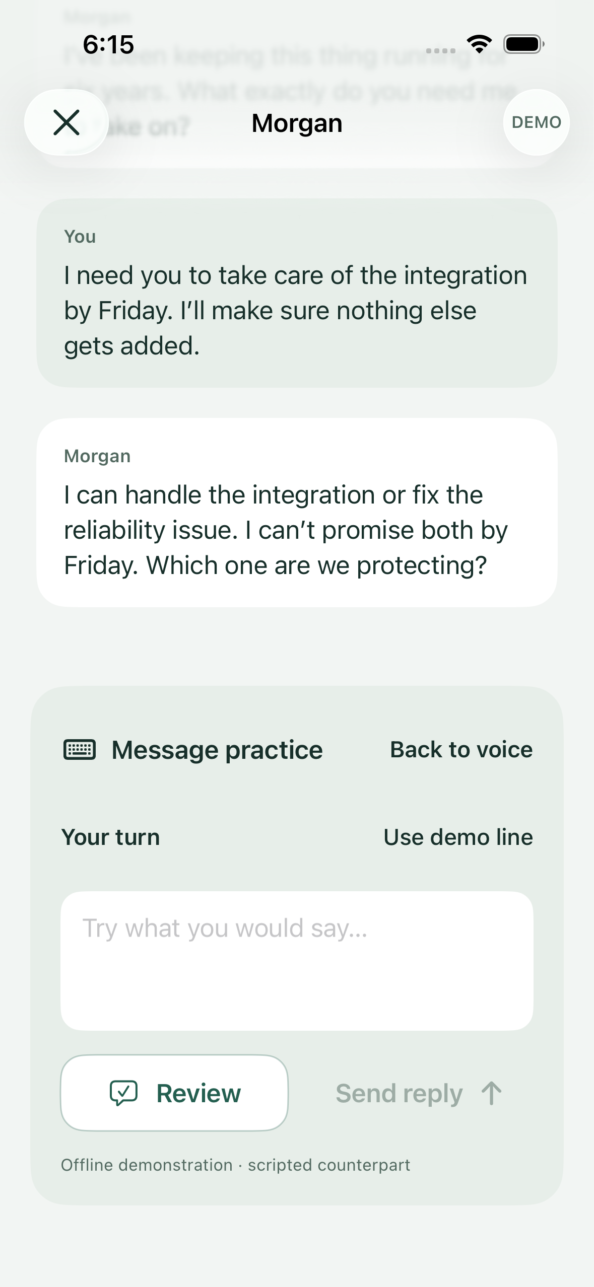 Chaire app objection rehearsal screen